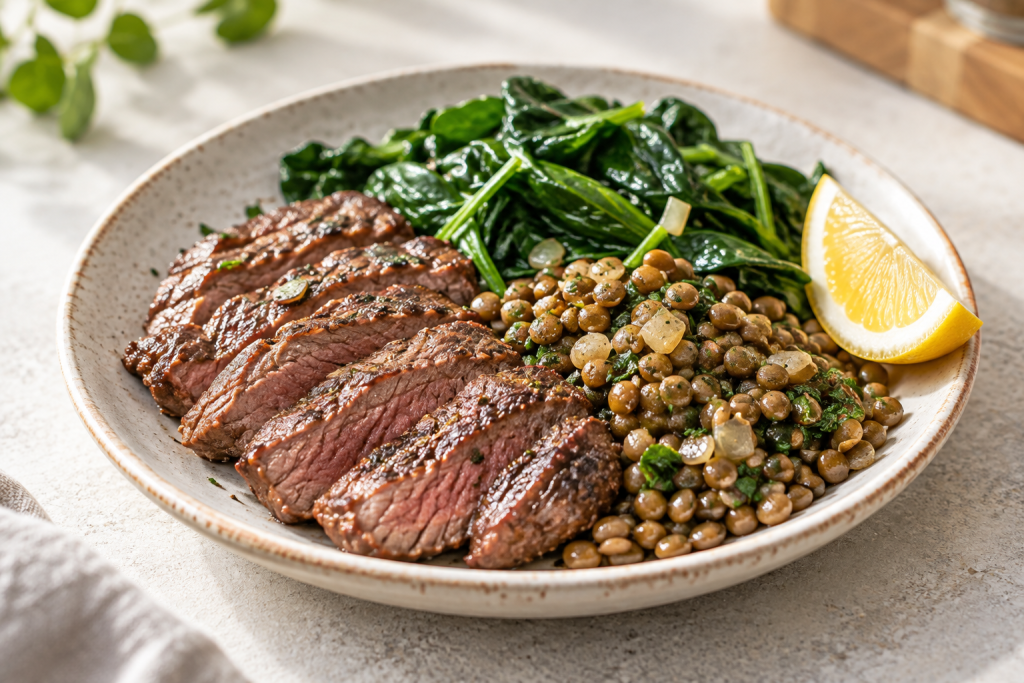 Iron-rich meal with beef, lentils, spinach and lemon