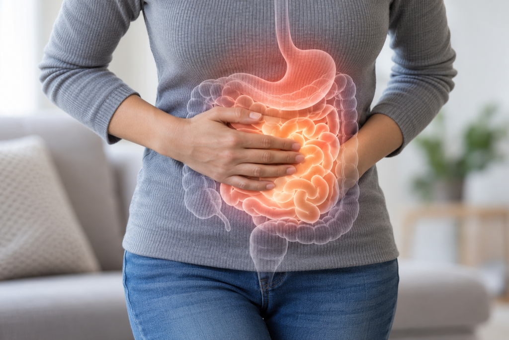 Person holding their abdomen with an anatomical overlay of the stomach and intestines, illustrating digestive discomfort.